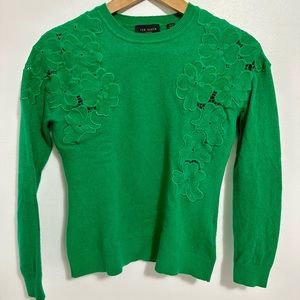 TED BAKER LONDON Emerald Green Wool Blend Floral Lace Shoulder Sweater Size 1